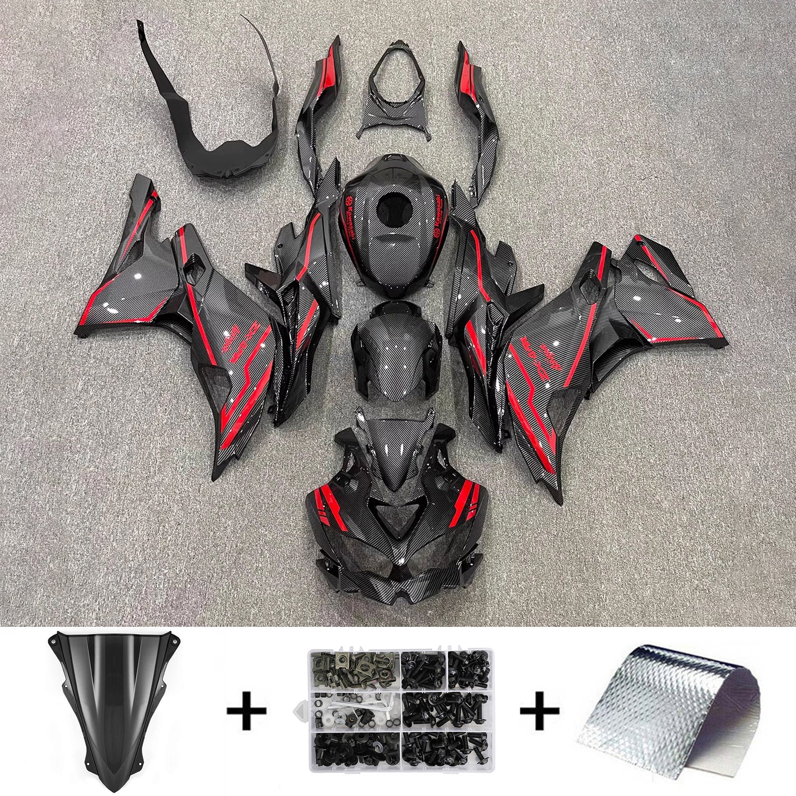 Amotopart 2019-2024 Ninja ZX-25R ZX-4R ZX-4RR Kawasaki Carbon Fiber with Red Accents Fairing Kit