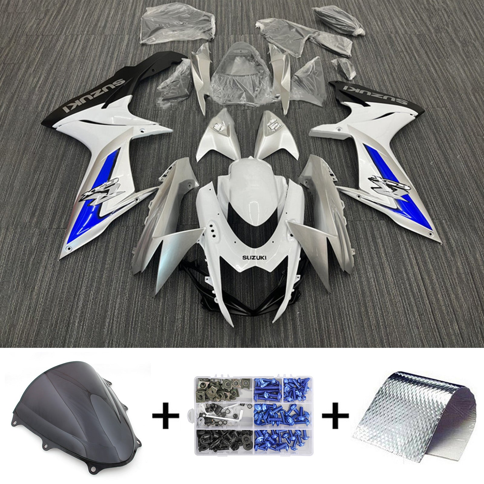 Amotopart 2011-2024 GSXR 600/750 Suzuki Kit de carenado blanco y azul