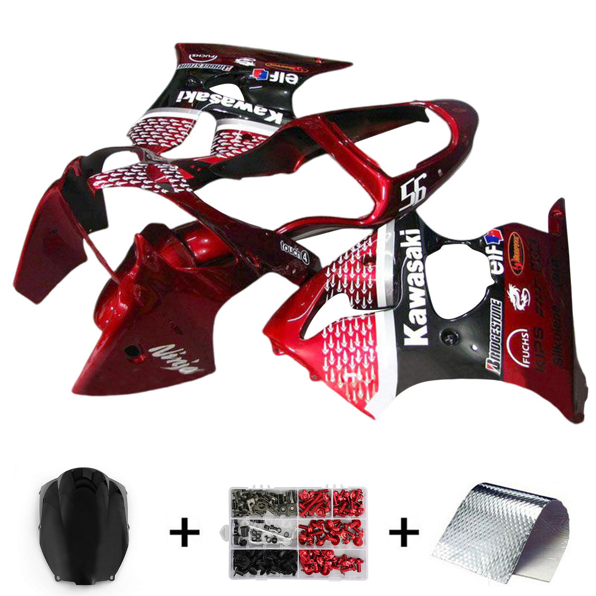 Amotopart 2000-2002 Kawasaki ZX6R 636 y 2005-2008 Kawasaki ZZR600 rojo negro y kit de carenado con logotipo