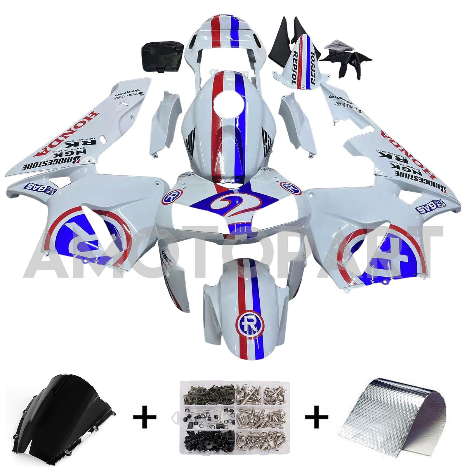 Amotopart 2003-2004 Honda CBR600RR Blanc Rouge & Kit de carénage Blue Line