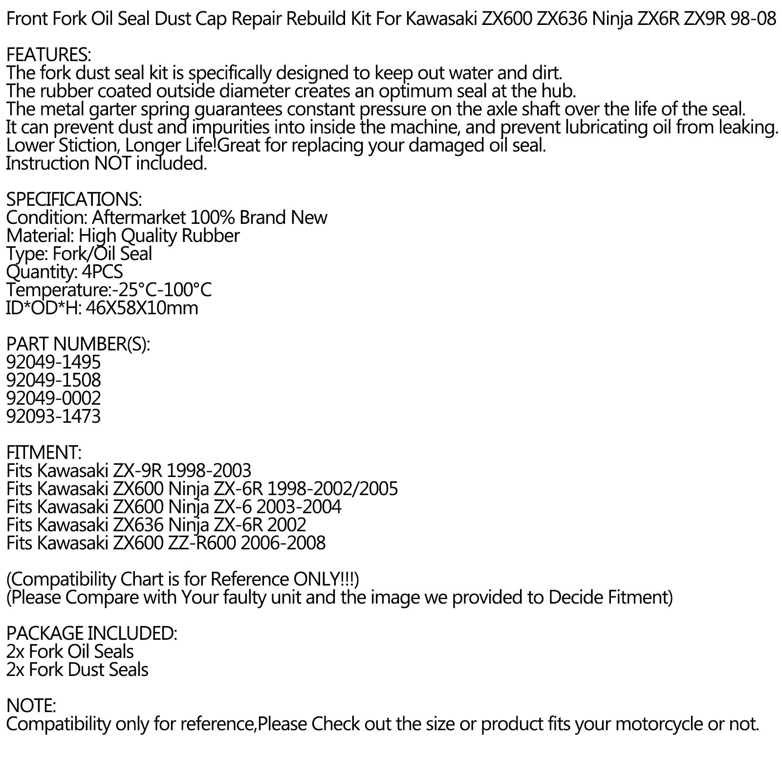 1998-2008 カワサキ ZX600 ZX636 Ninja ZX-6R ZZ-R600 ZX-9R フォーク