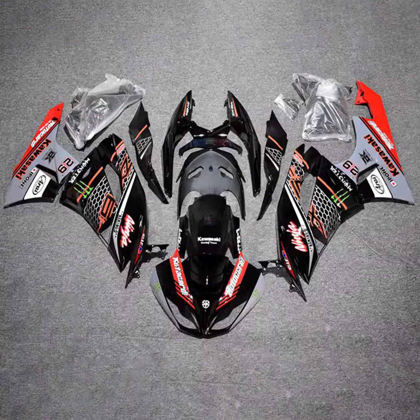 Amotopart 2009-2012 Kawasaki ZX6R 636 Black Red Grey Fairing Kit