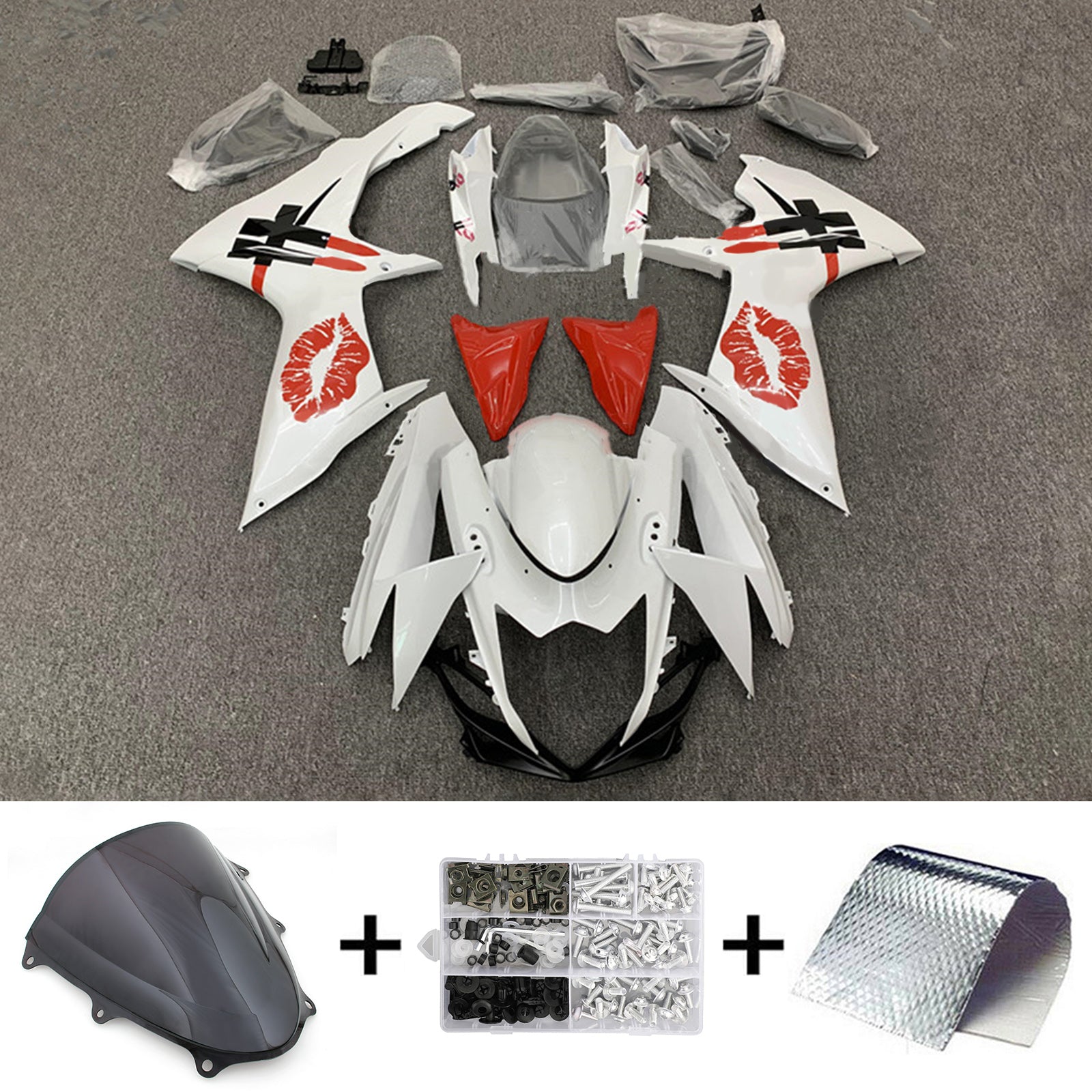 Amotopart 2011-2024 GSXR 600/750 Suzuki White with Red Lips Fairing Kit