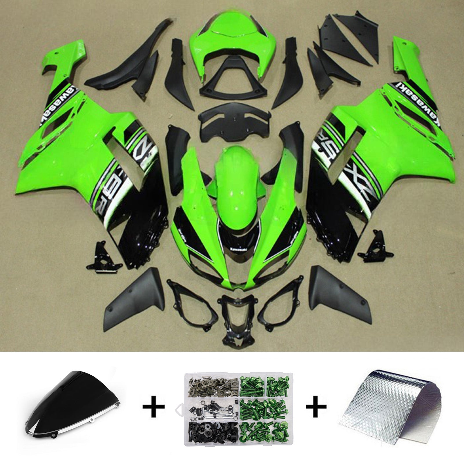 Amotopart 2007-2008 Kawasaki ZX6R 636 Black Green Fairing Kit