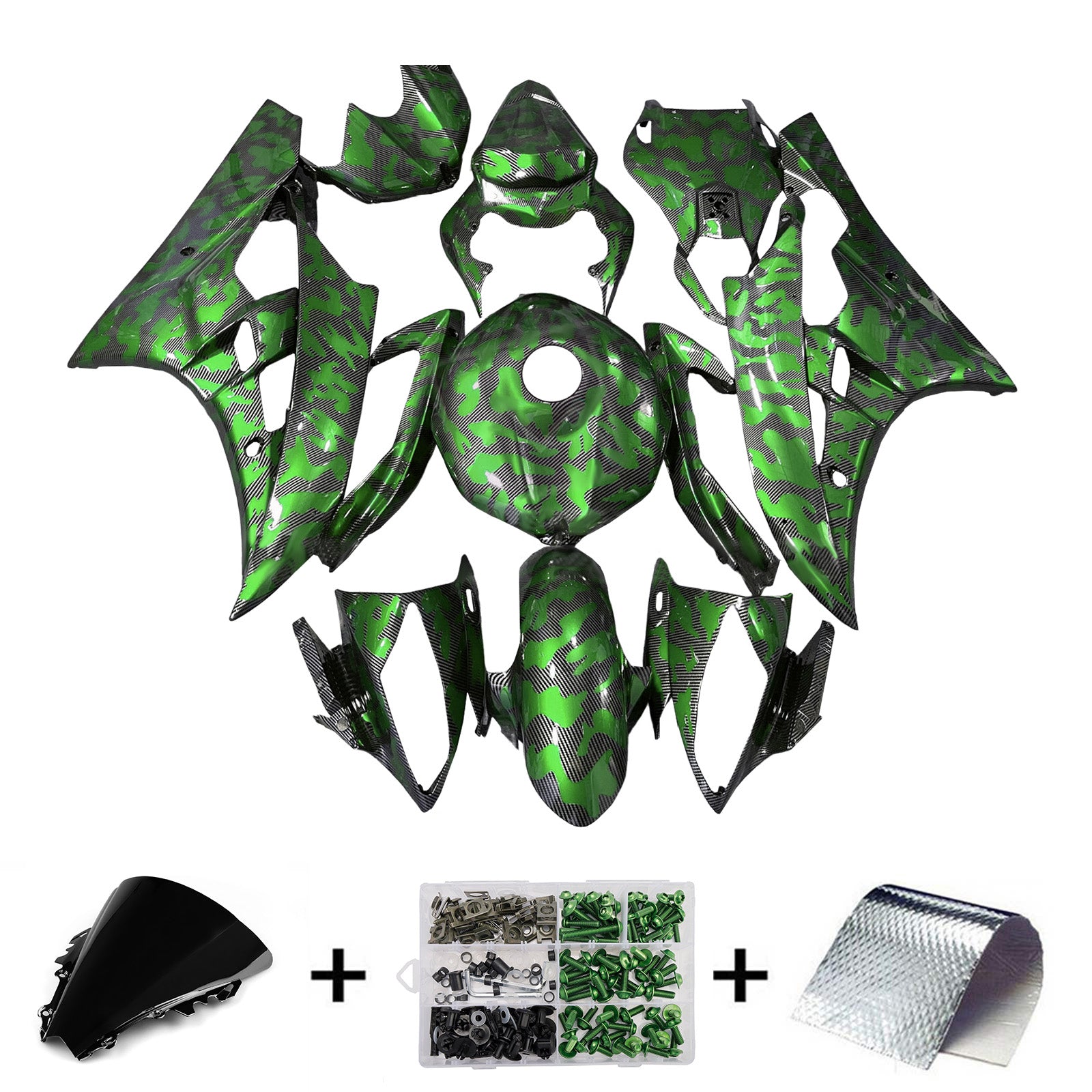 Amotopart 2006-2007 Yamaha YZF-R6 Green & Black Carbon Fiber Pattern Fairing Kit