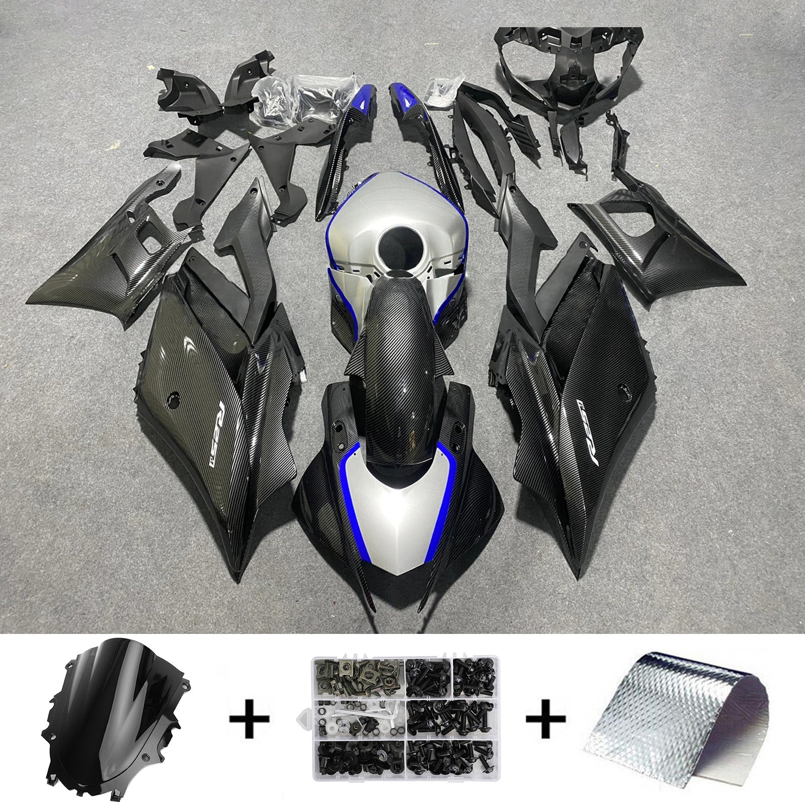 Amotopart 2022-2024 Yamaha YZF-R3 y R25 Kit de carenado de fibra de carbono negro plata azul gris