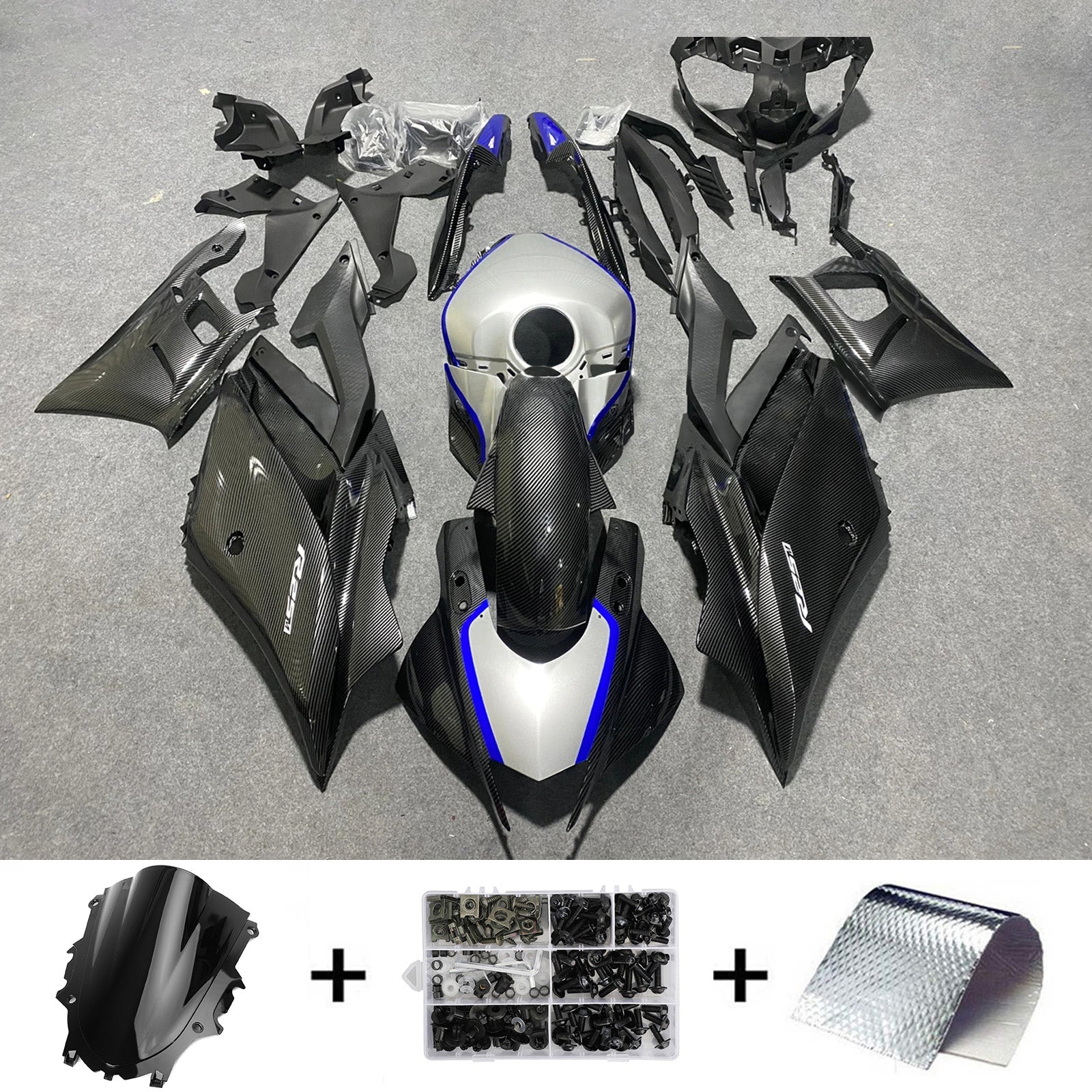 Amotopart 2019-2021 Kit carena Yamaha YZF-R3 R25 in fibra di carbonio nero argento