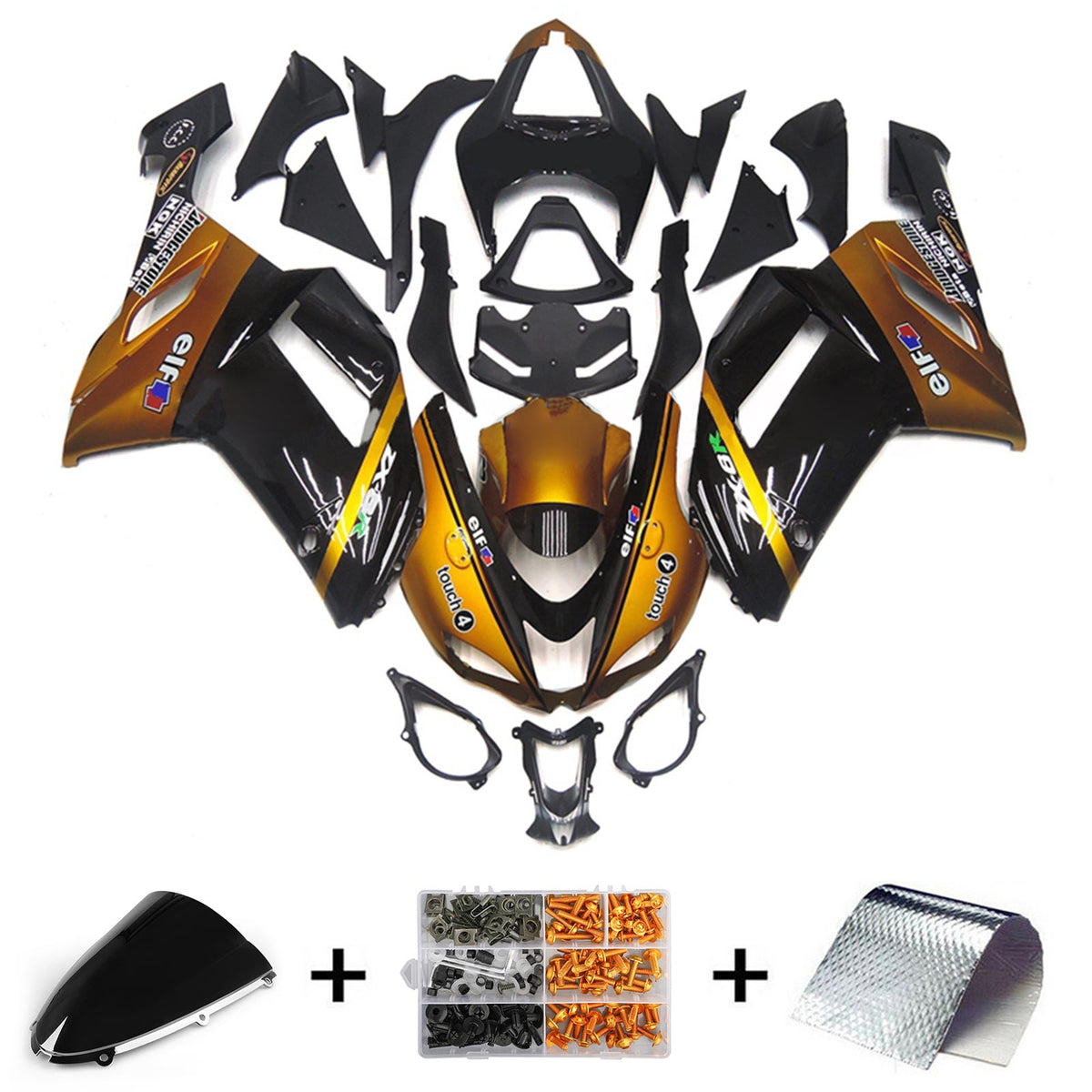 Amotopart 2007-2008 Kawasaki ZX6R 636 Kit de carenado negro y dorado