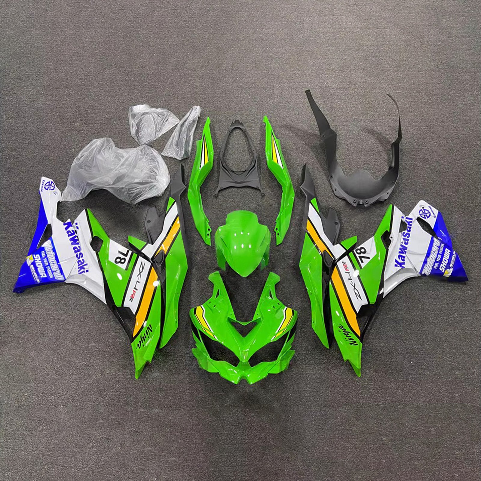 Amotopart 2019-2022 Kawasaki Ninja ZX-25R 2023-2025 Kawasaki Ninja ZX-4R/ZX-4RR Green White Blue Yellow Fairing Kit