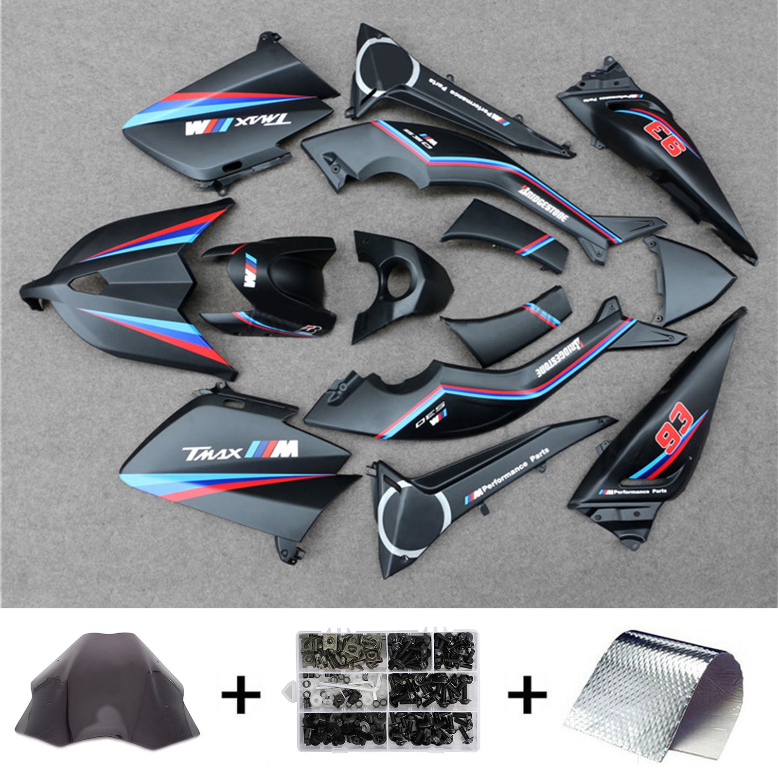 Amotopart 2012-2014 T-Max TMAX530 Yamaha noir mat avec kit de carénage à rayures rouges et bleues