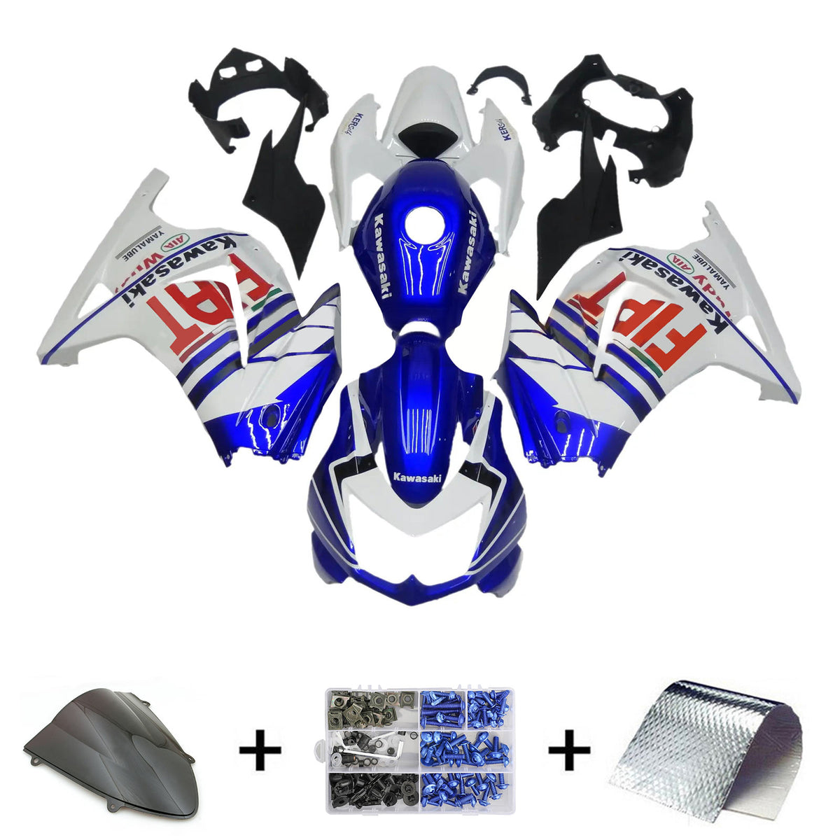 Amotopart 2008–2012 Kawasaki EX250 Ninja250R Verkleidungsset in Schwarz, Weiß, Blau und Rot