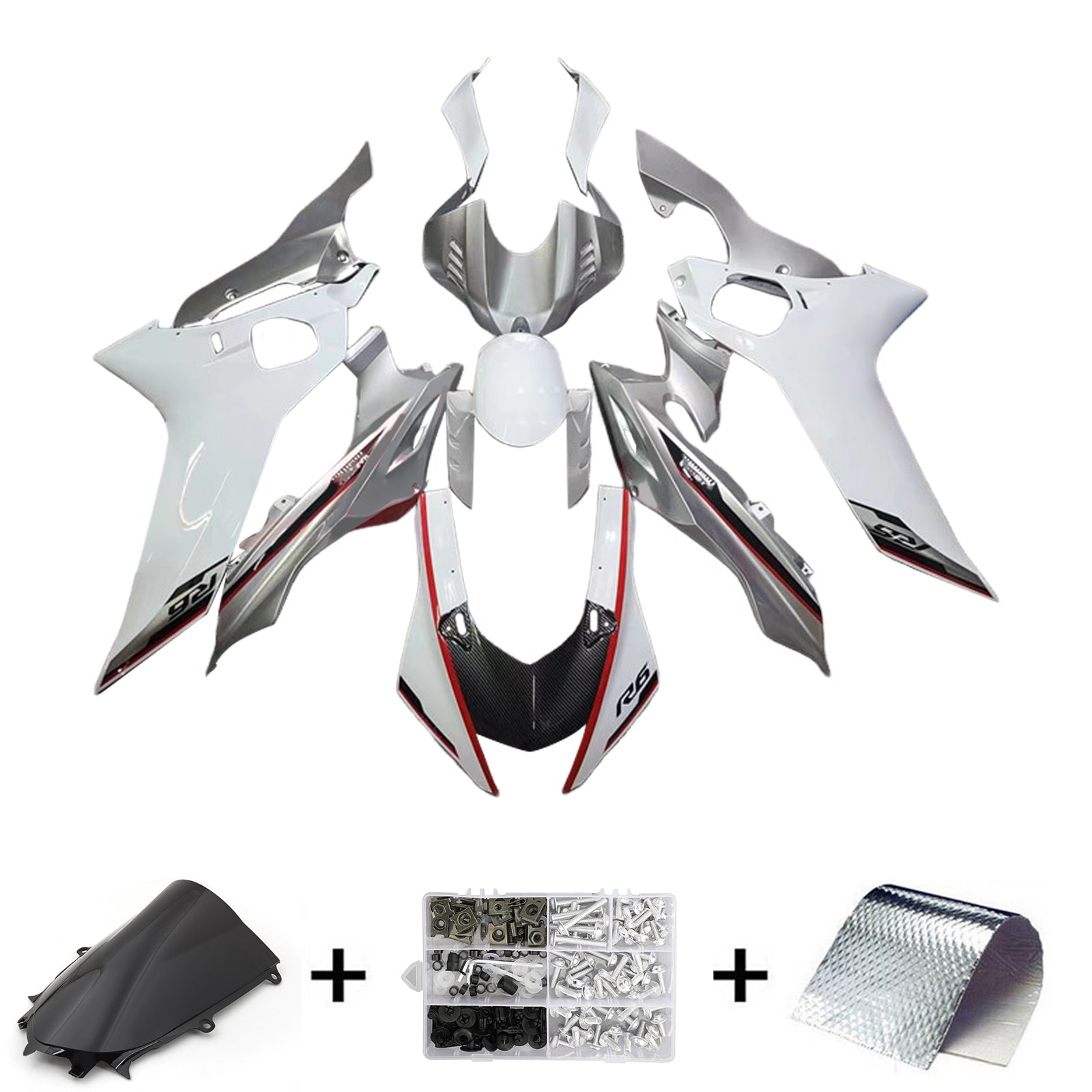 Amotopart 2017-2023 Yamaha YZF R6 Black White Grey Fairing Kit