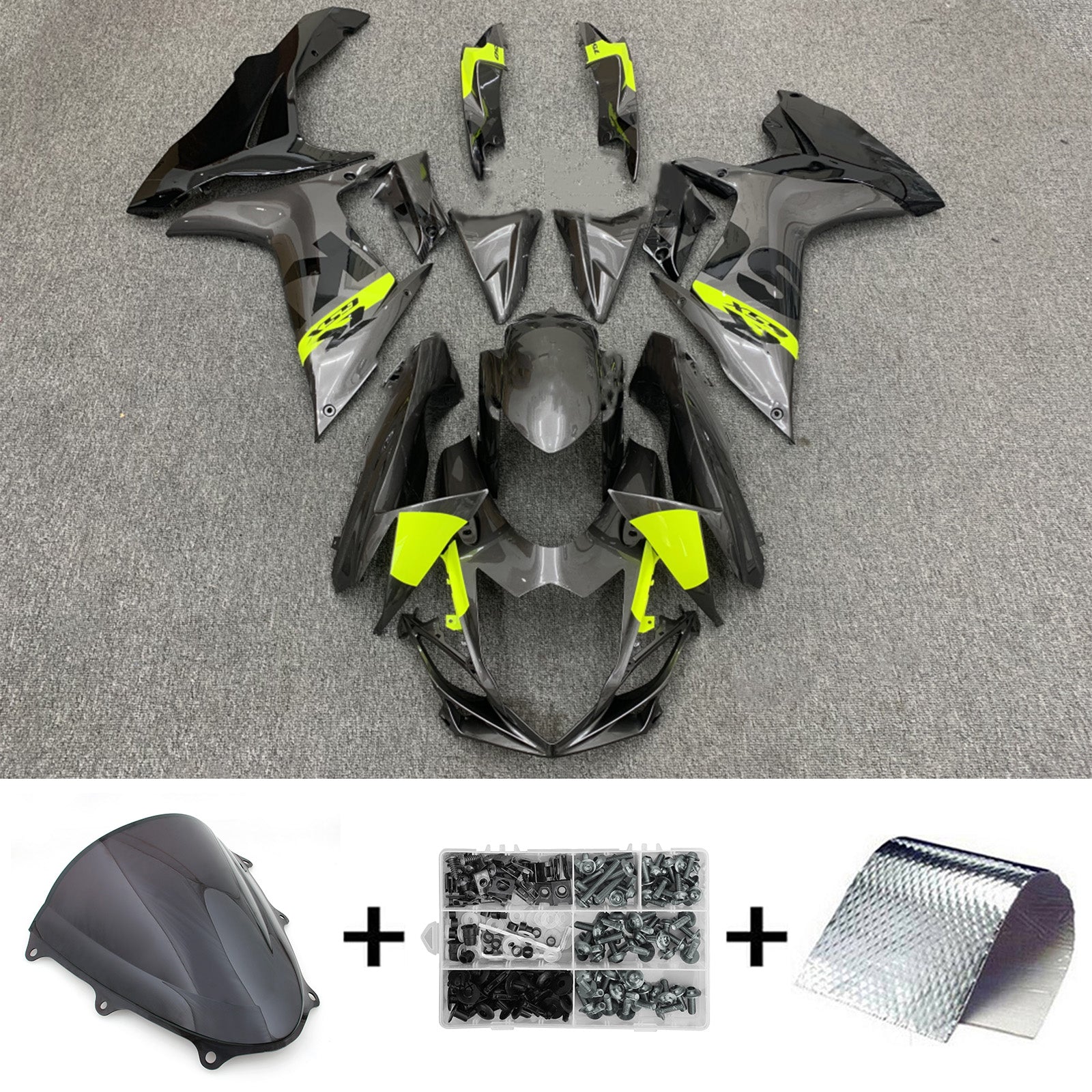 Amotopart 2011-2024 GSXR 600/750 Suzuki Kit de carenado gris brillante y amarillo