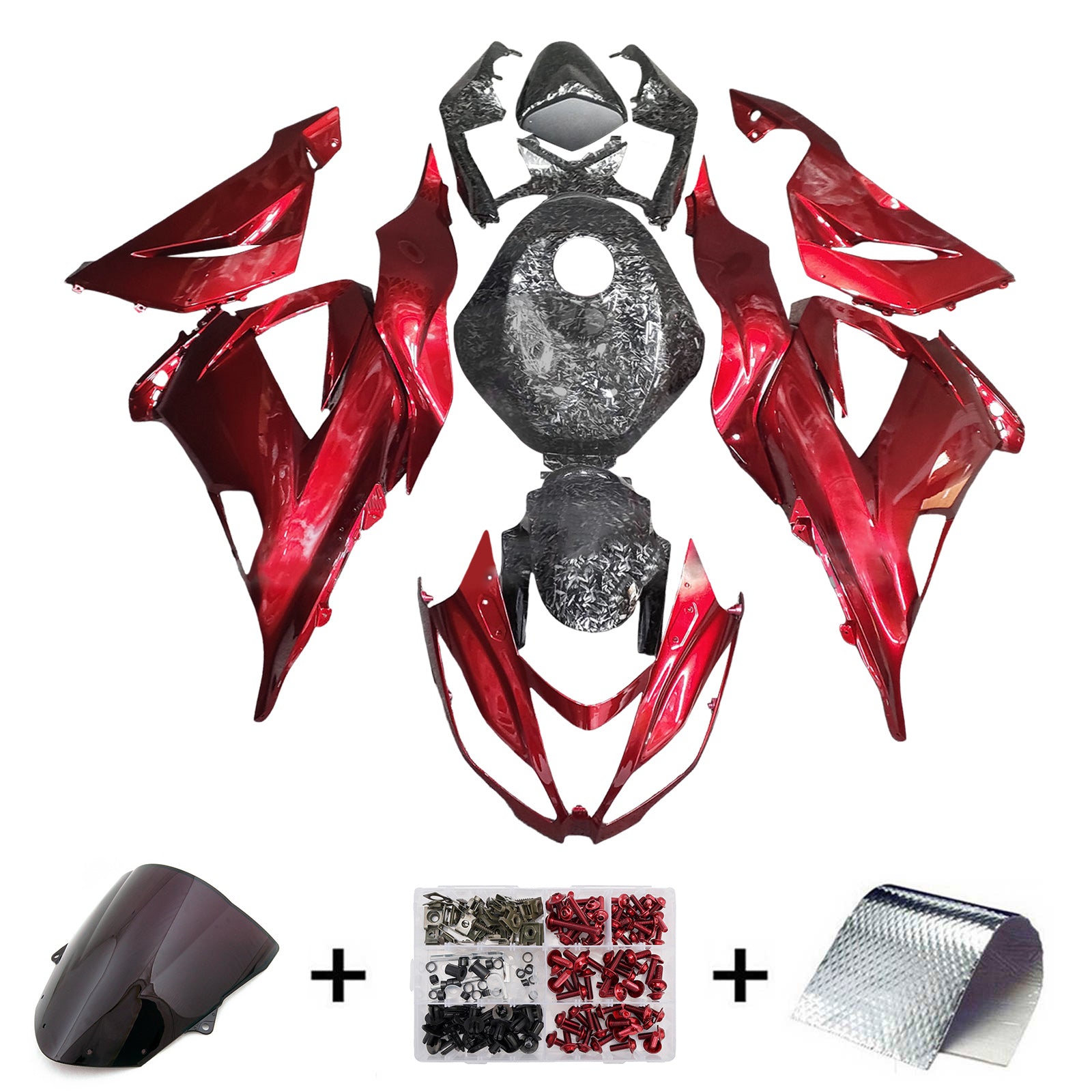 Amotopart 2013-2018 Kawasaki ZX6R 636 Forged Carbon Fiber Pattern & Red Fairing Kit