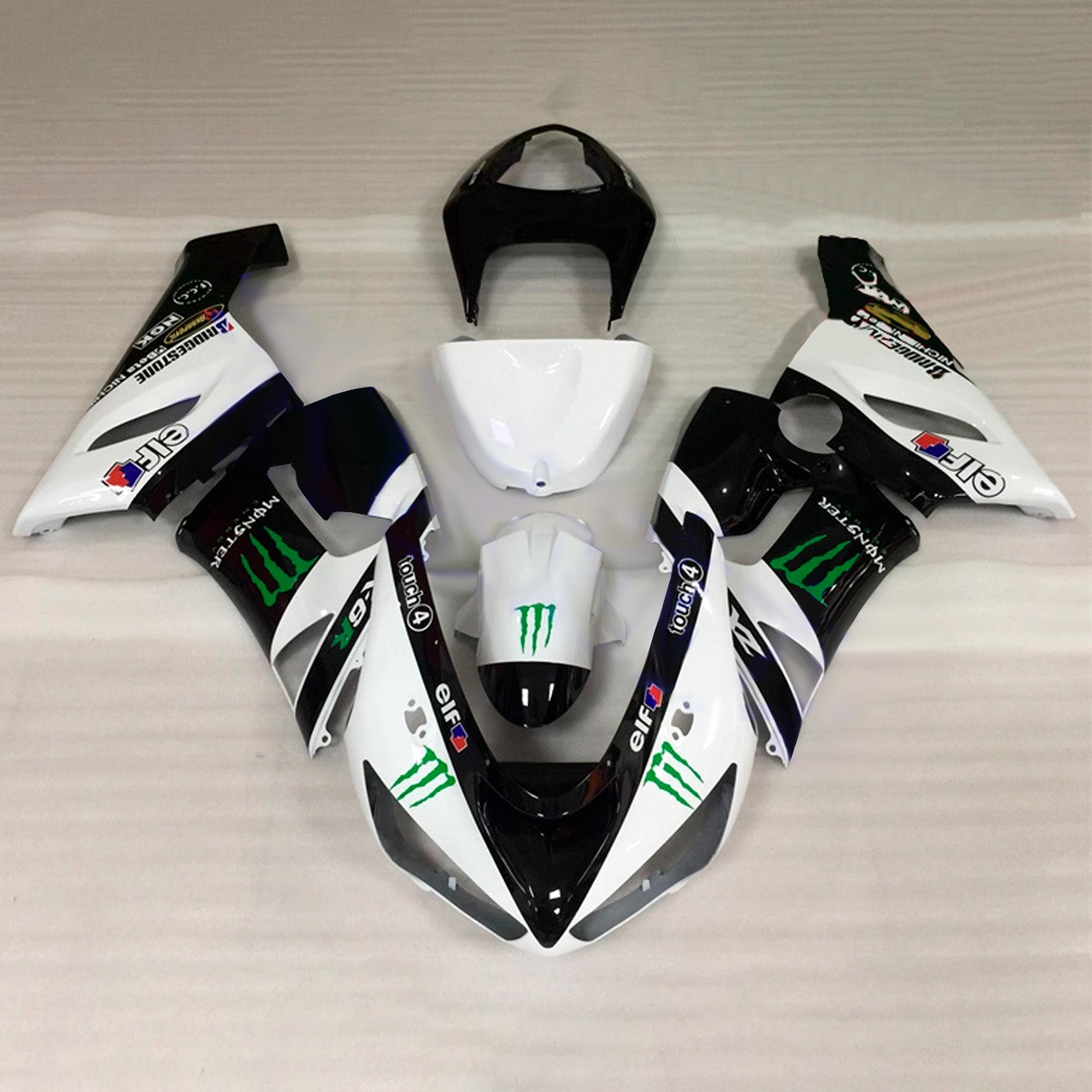Amotopart 2005-2006 Kawasaki ZX6R 636 Black White Green Fairing Kit