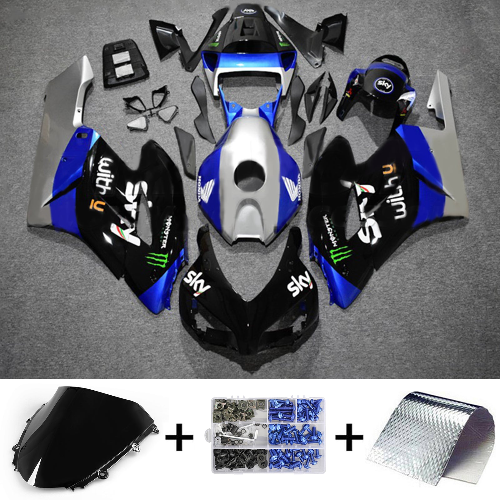 Amotopart 2004-2005 Honda CBR1000RR azul y plata con kit de carenado con logotipo Monster