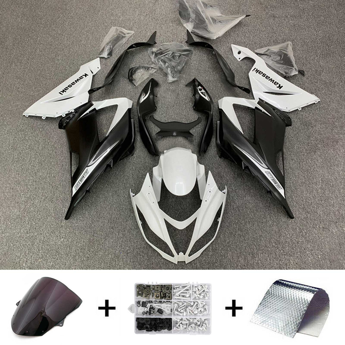 Amotopart Kawasaki ZX6R 636 2013-2018 Blanco y Negro con Kit de Carenado Logo