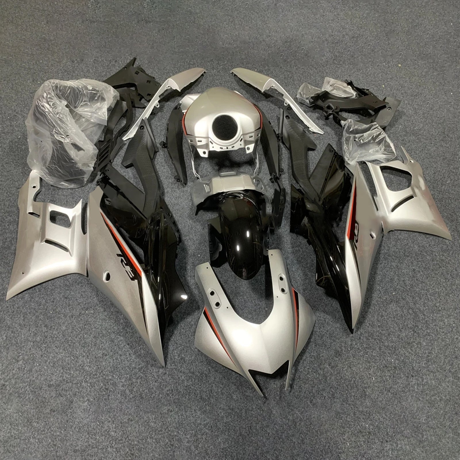 Amotopart 2022-2024 Yamaha YZF-R3 & R25 Black Silver Grey Fairing Kit