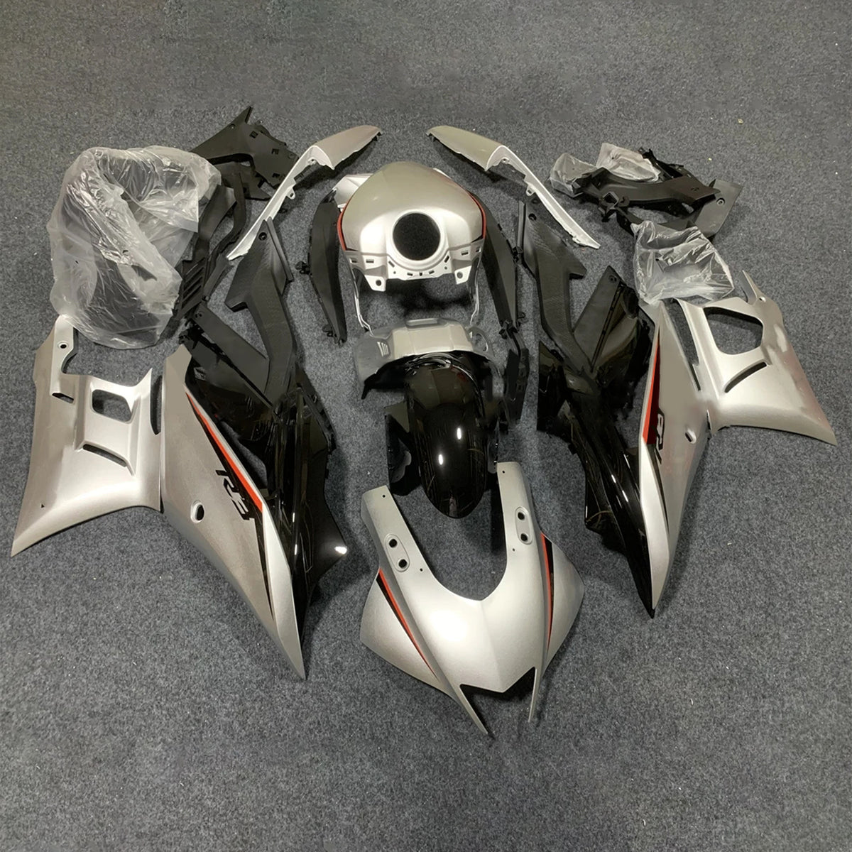 Amotopart 2019-2021 Yamaha YZF-R3 R25 Black Silver Fairing Kit