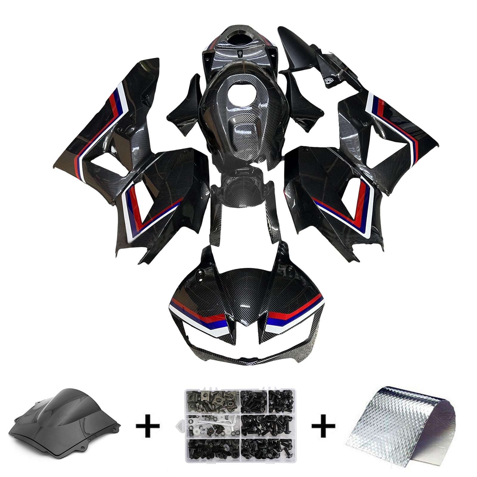 Amotopart 13-25 version américaine & Kit de carénage en fibre de carbone pour Honda CBR600RR (version européenne 2013-2023) à motif rouge, bleu et blanc