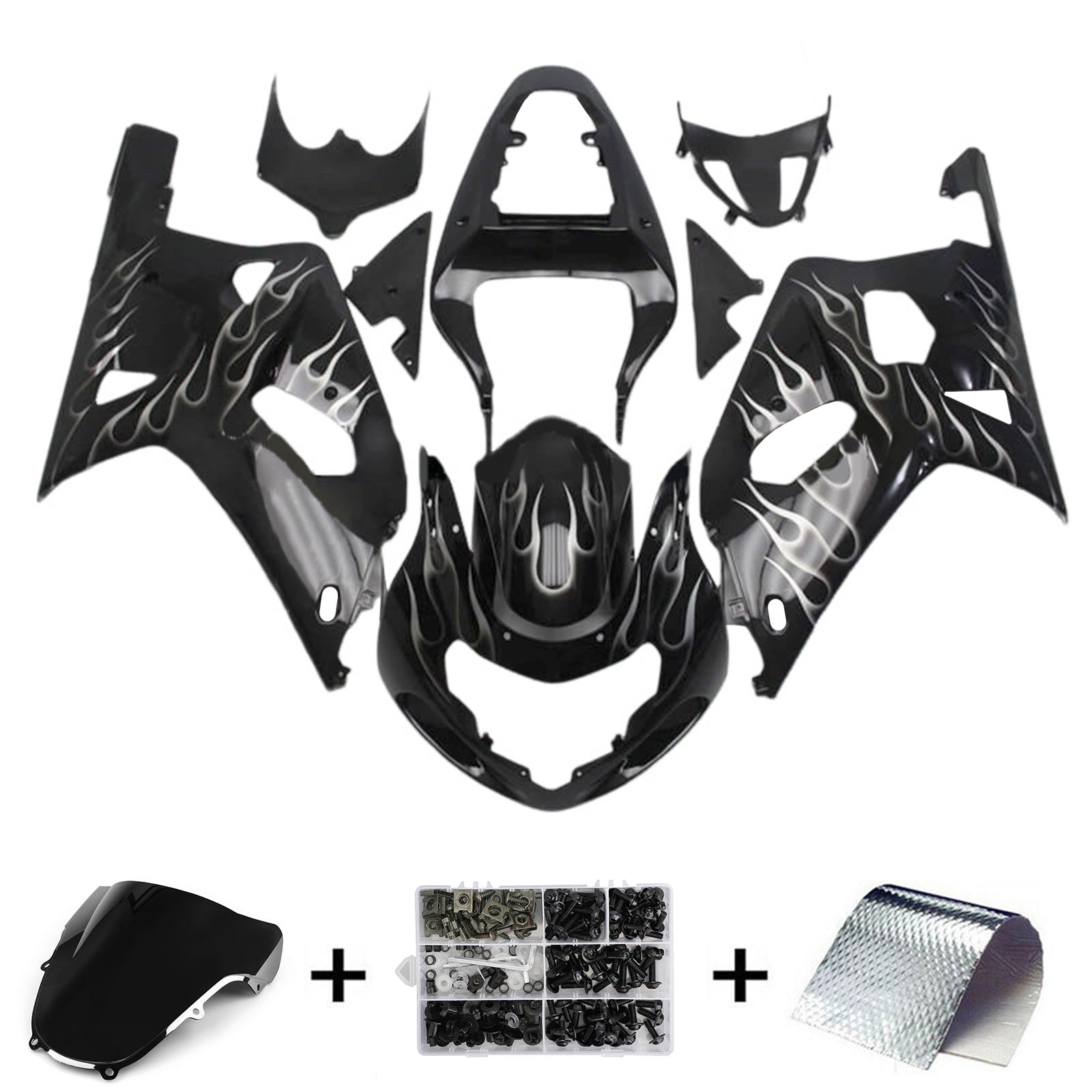 Amotopart 2001-2003 GSXR600 2000-2003 GSXR750 K1 Suzuki Black with Flame Fairing Kit