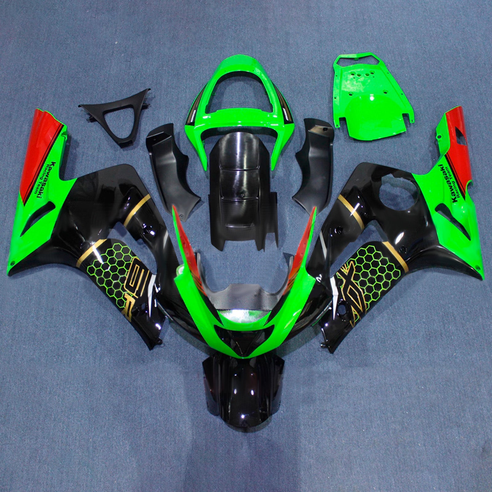Amotopart 2003-2004 Kawasaki ZX6R 636 Green Black Red Fairing Kit