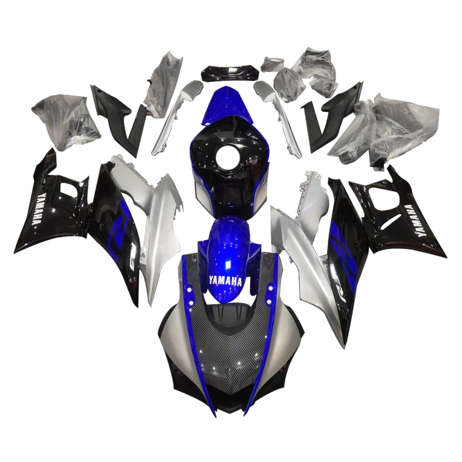 Amotopart Yamaha 2019-2021 YZF R3/YZF R25 Kit de carénage en fibre de carbone bleu et argent