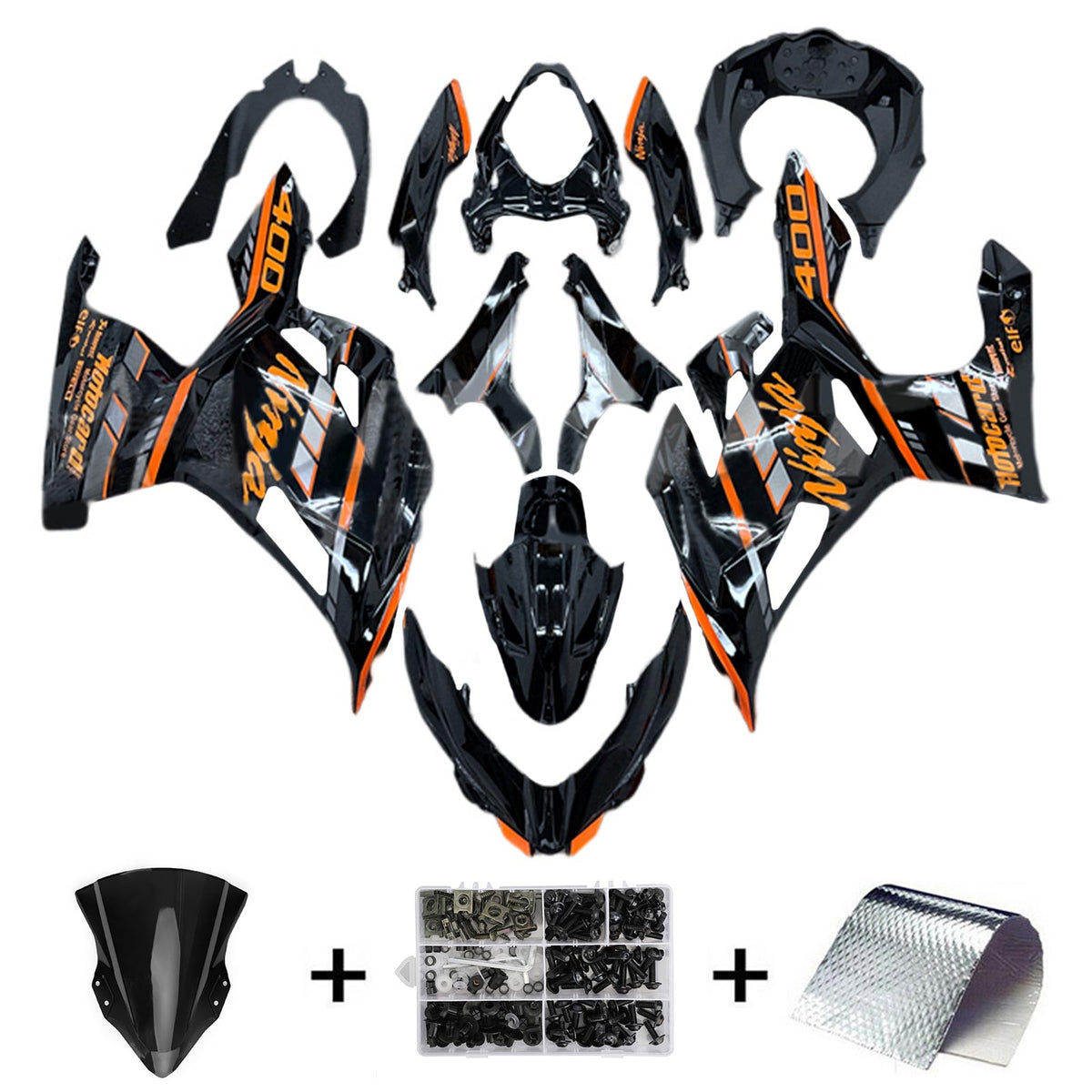 Amotopart 2018-2024 Kawasaki EX400 Ninja400 Noir avec kit de carénage lettre orange