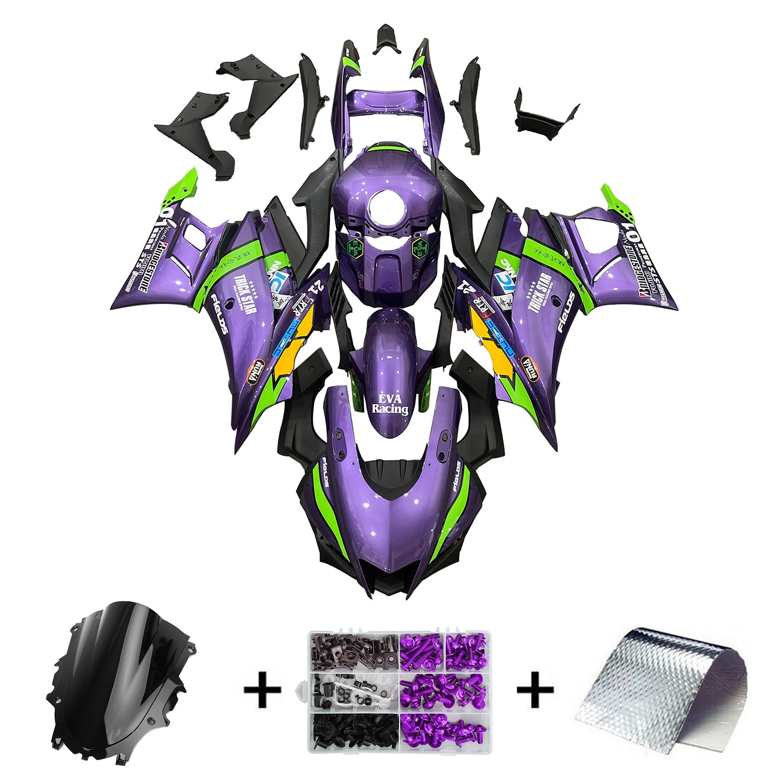 Amotopart Yamaha 2019-2021 YZF R3/YZF R25 Purple&Green Fairing Kit