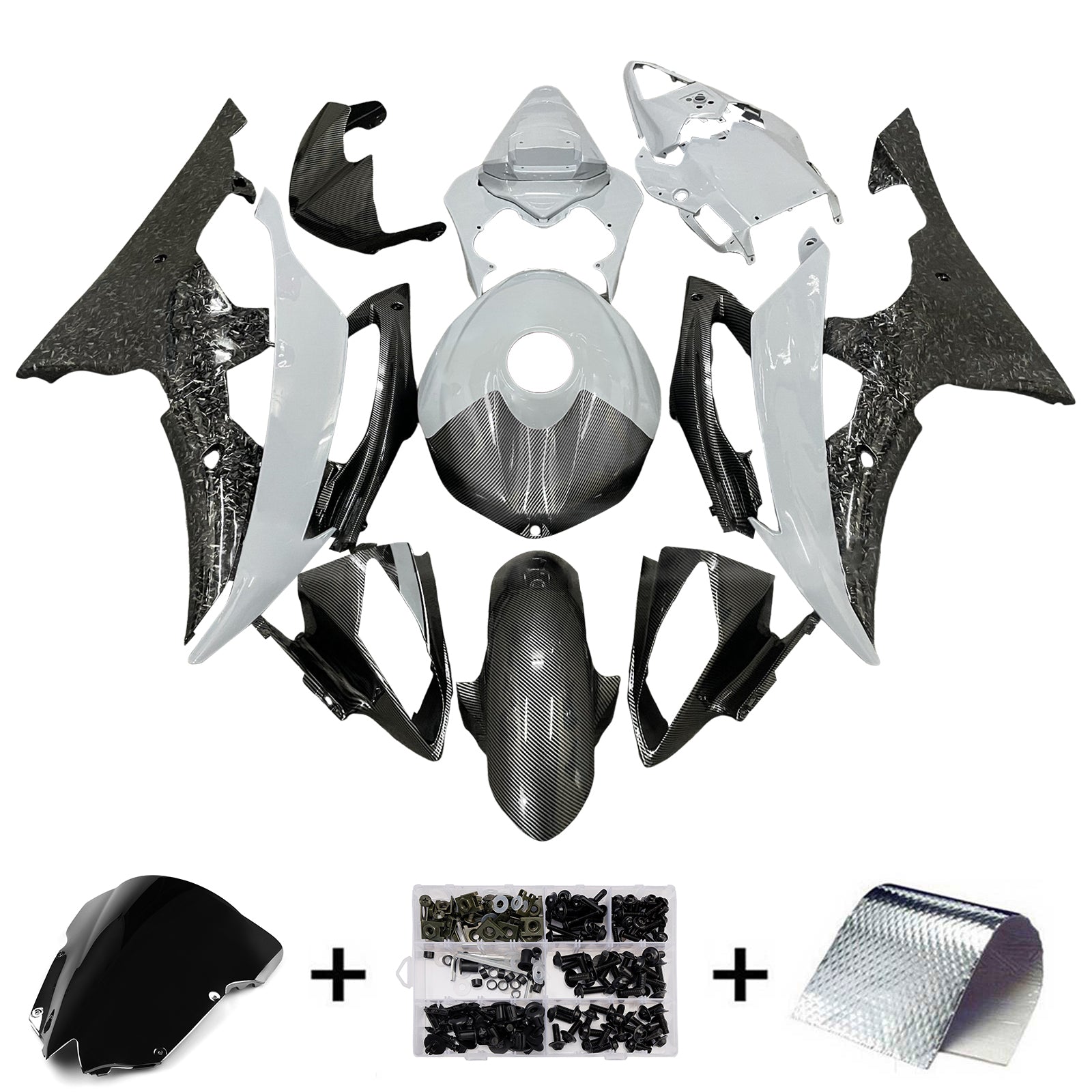 Amotopart 2008-2016 Yamaha YZF-R6 White & Black Carbon Fiber Pattern Fairing Kit