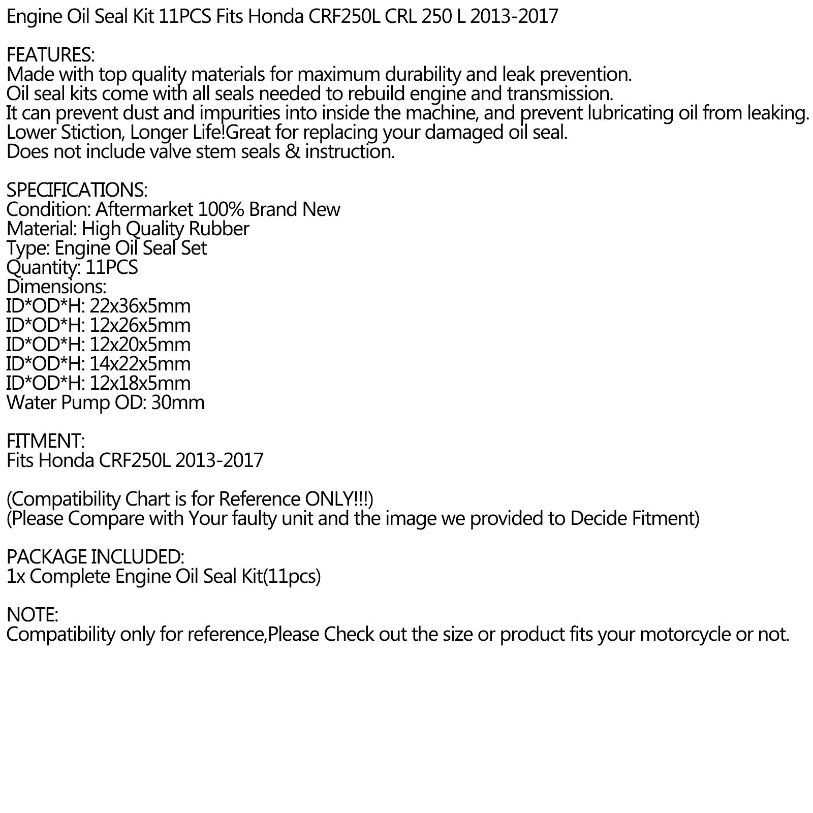 2013–2017 Honda CRF250L Complete Engine Oil Seal Crankcase Kit - 11pcs