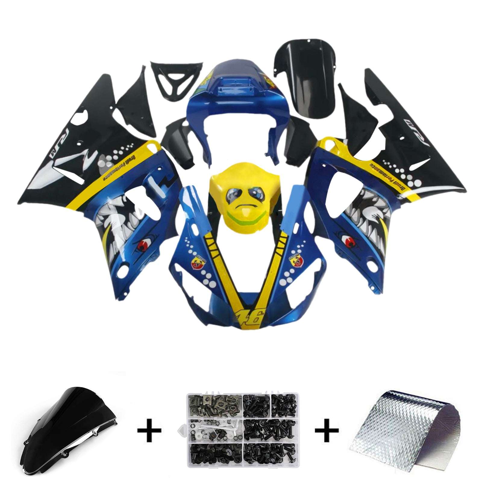 Amotopart 2000-2001 Yamaha YZF 1000 R1 Kit de carenado negro azul amarillo