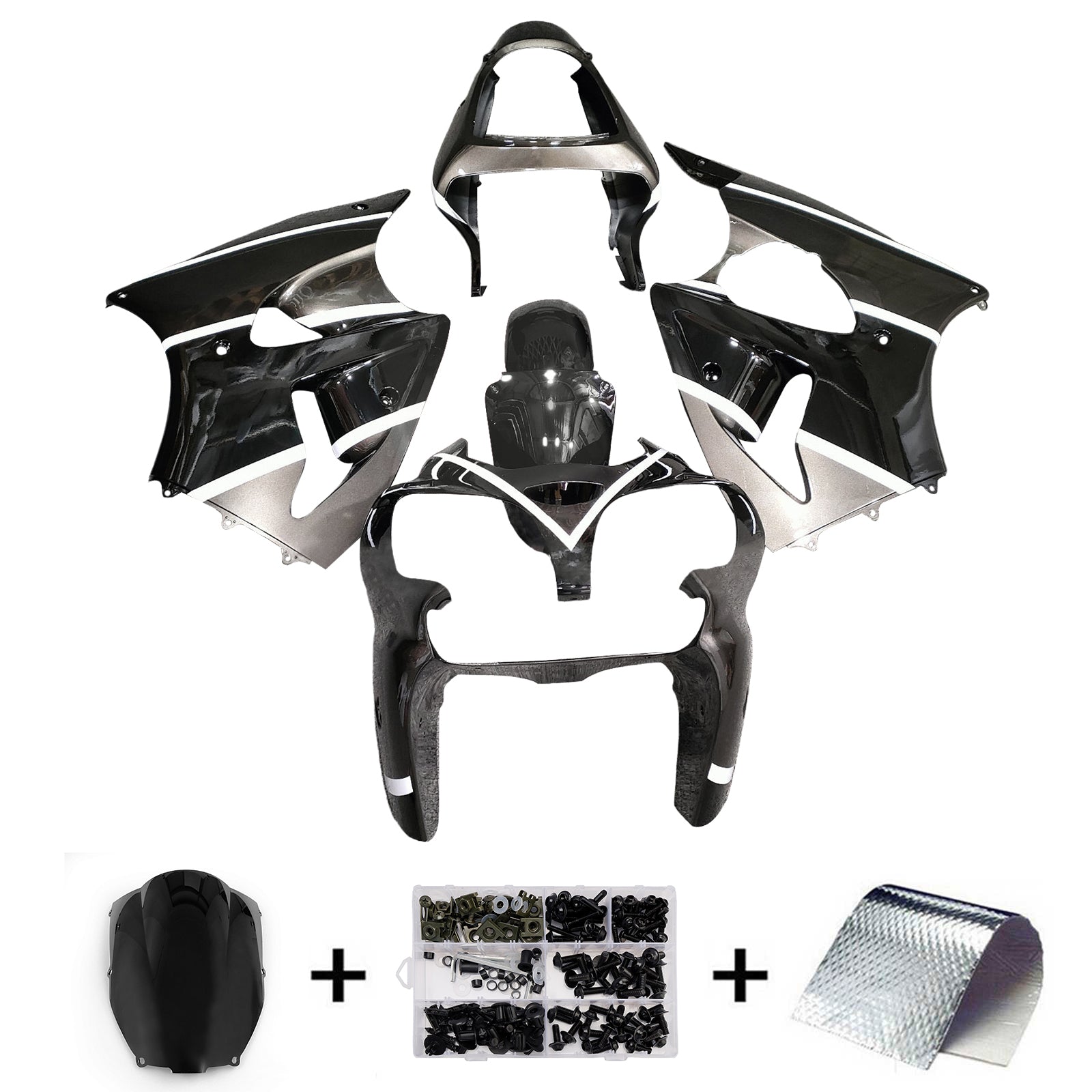 Amotopart Kawasaki 00-02 ZX6R 636 & 05-08 ZZR600 Silber-Schwarz-Verkleidungssatz