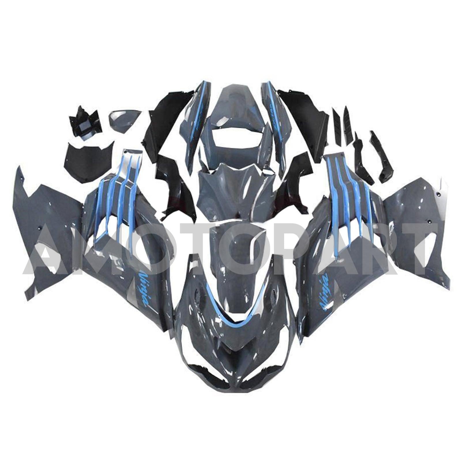Amotopart 2012-2025 Kawasaki ZX14R ZZR1400 Gris Noir & Kit de carénage bleu