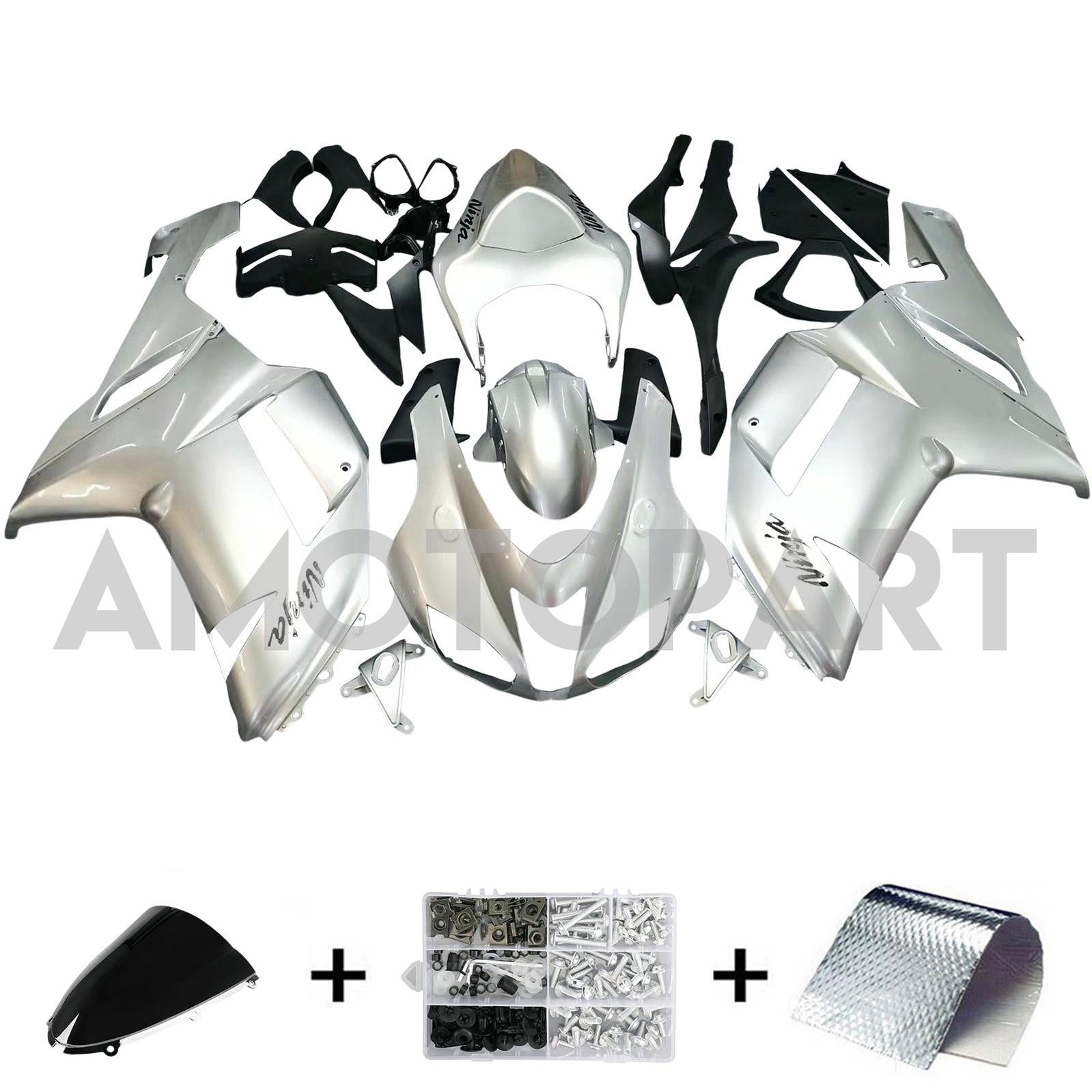 Amotopart 2007-2008 Kawasaki ZX6R 636 Silver Fairing Kit