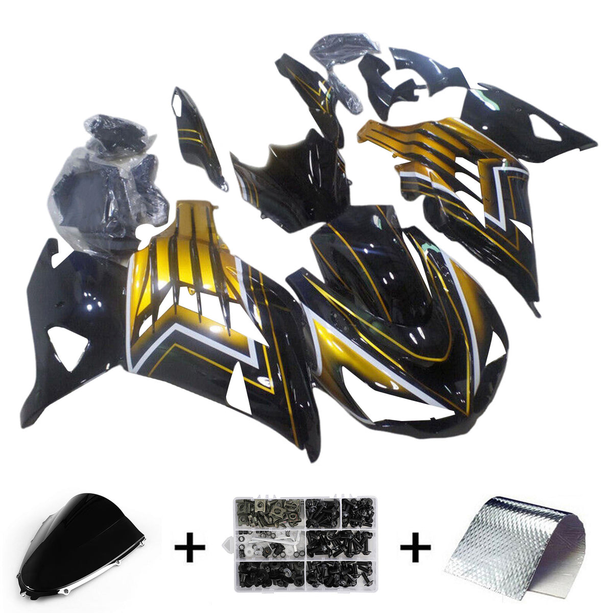 Amotopart 2012–2022 Kawasaki ZX14R ZZR1400 Verkleidungsset in Schwarz, Gold, Gelb und Weiß