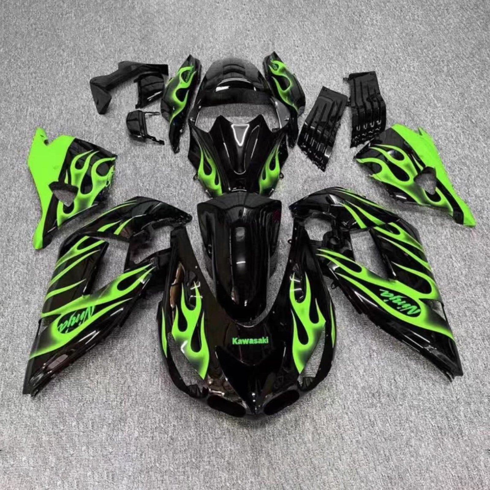 Amotopart 2006-2011 Kawasaki ZX14R ZZR1400 Black Green Flame Fairing Kit