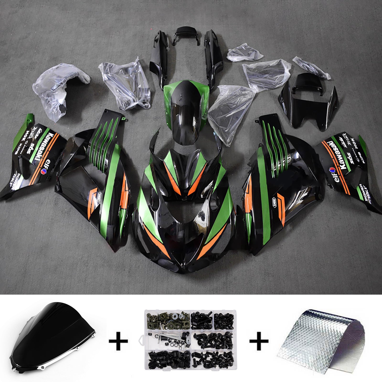 Amotopart 2012-2025 Kawasaki ZX14R ZZR1400 Black Green Orange Fairing Kit