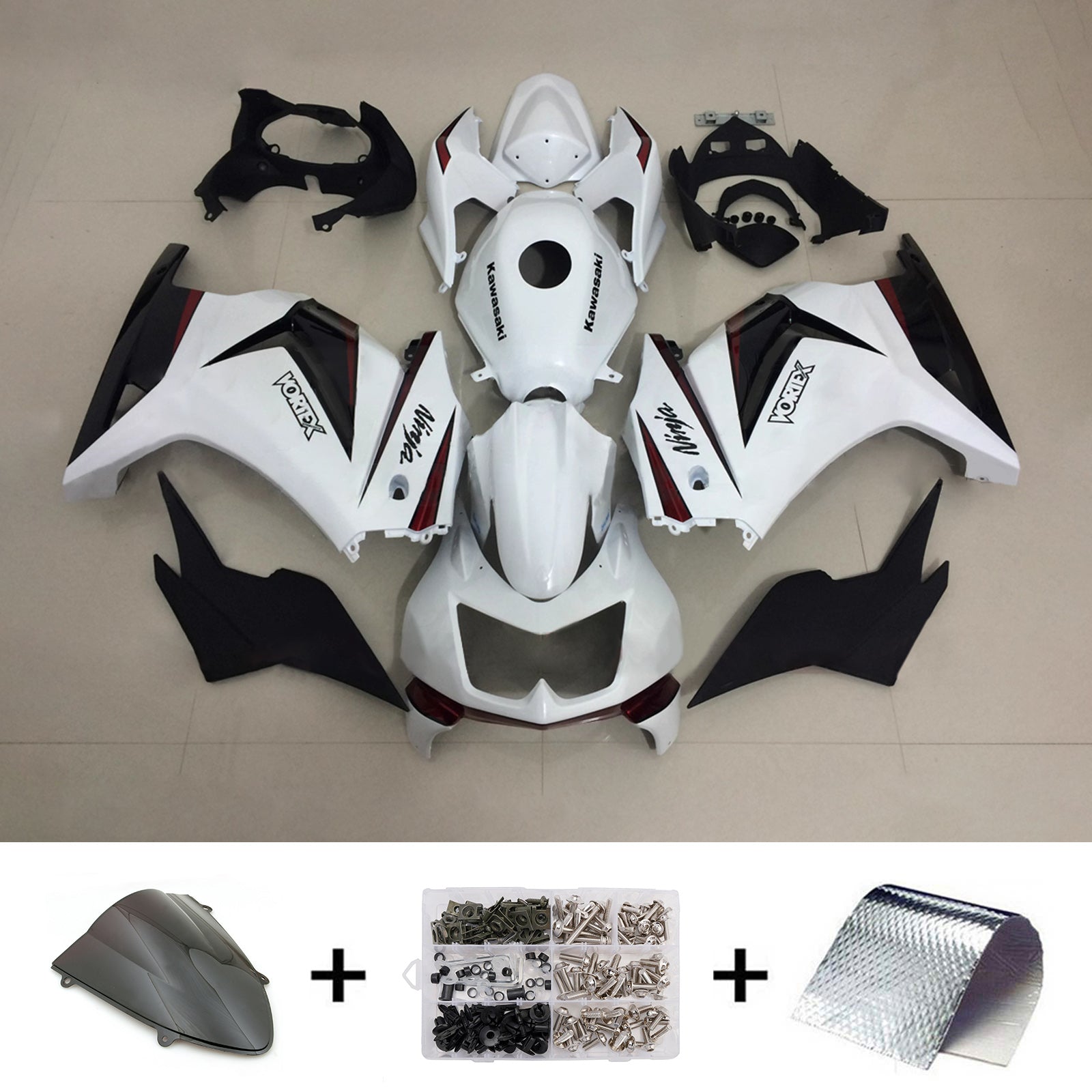 Amotopart 2008-2012 Kawasaki EX250/Ninja250R Black White Fairing Kit