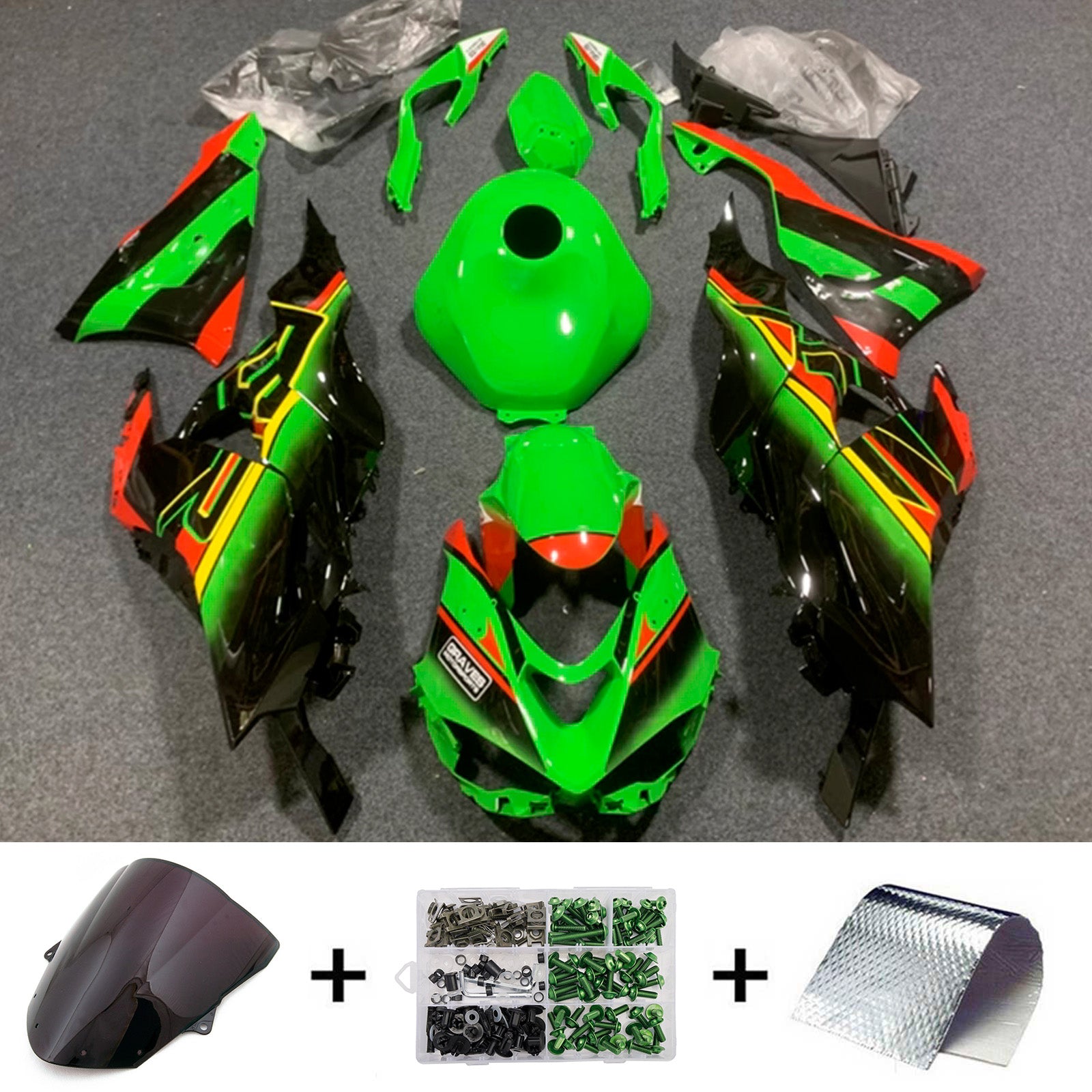 Amotopart 2024-2025 Kawasaki ZX-6R Green Black Red Fairing Kit