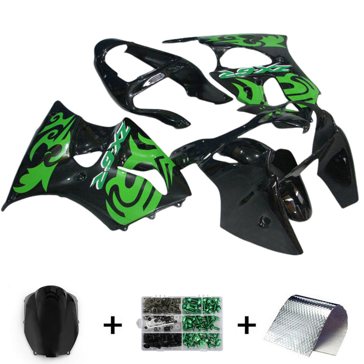 Amotopart 2000-2002 Kawasaki ZX6R 636 y 2005-2008 Kawasaki ZZR600 Kit de carenado negro verde