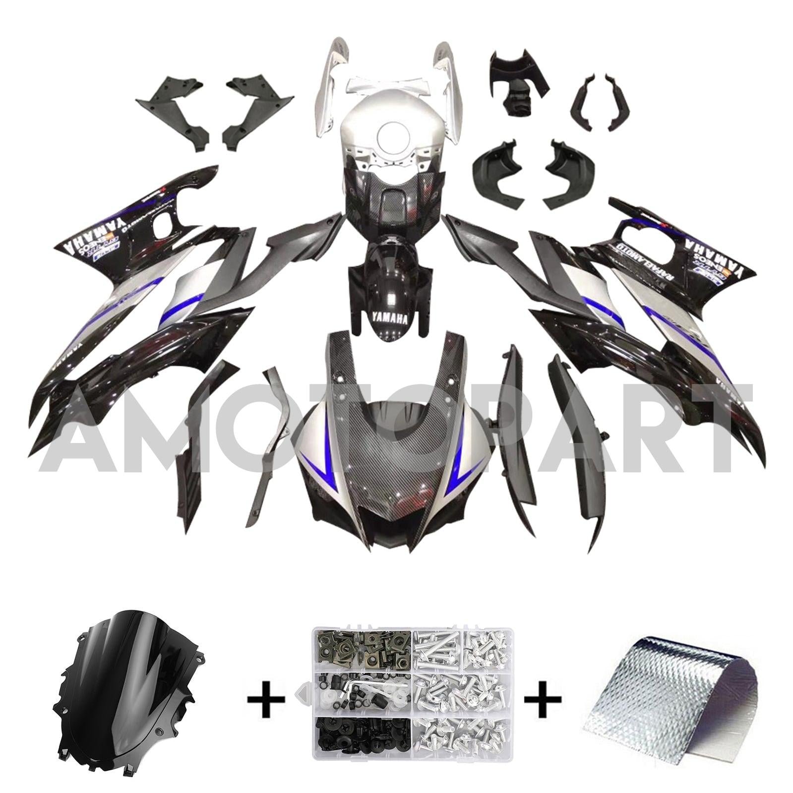 Amotopart 2022-2023 Yamaha YZF-R3 R25 Grå med blå accenter Style1 Fairing Kit