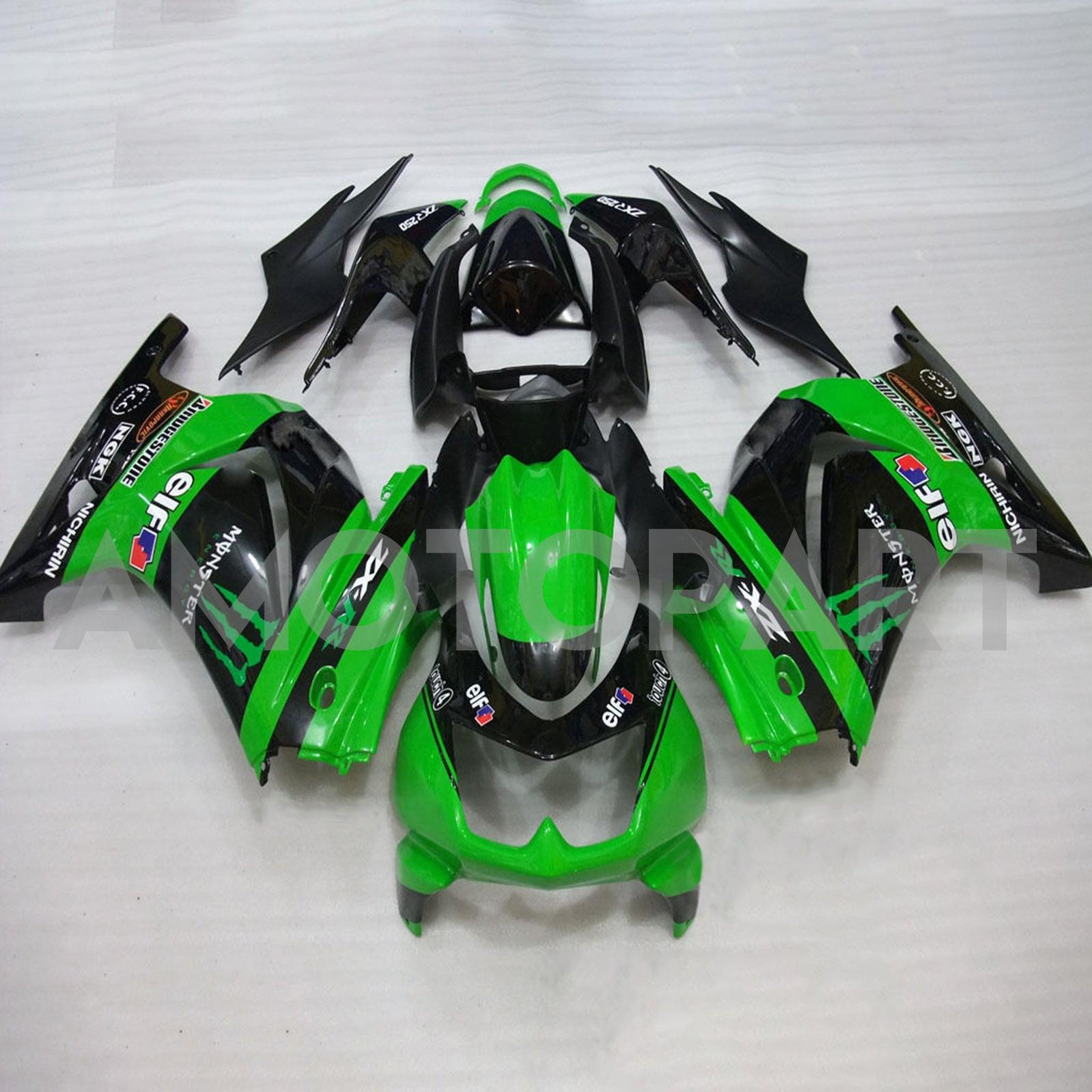 Amotopart 2008-2012 Kawasaki Ex250 Ninja250R Green & Black With Monster Logo Style2 Fairing Kit