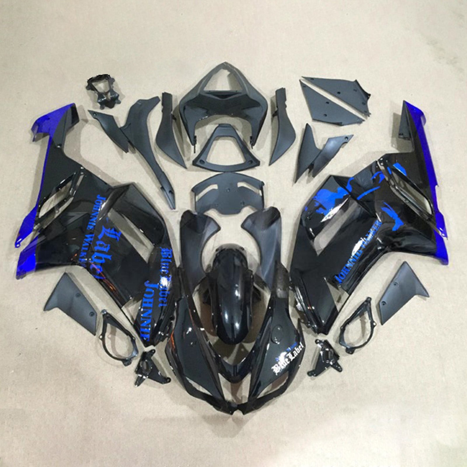 Amotopart 2007-2008 Kawasaki ZX6R 636 Glossy Black Blue Fairing Kit