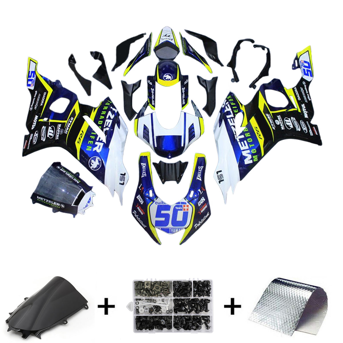 Amotopart 2017-2023 Yamaha YZF R6 Kit de carénage blanc bleu noir jaune