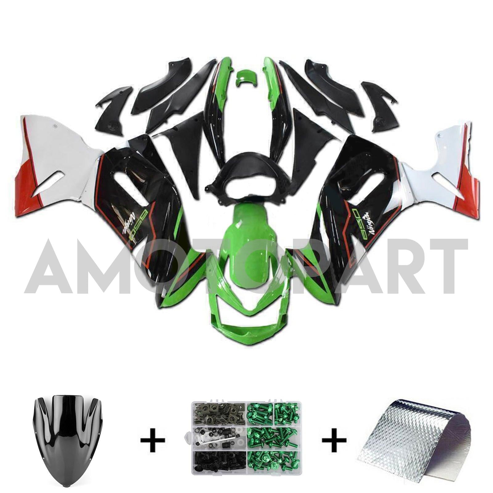 Amotopart 2006-2008 Kawasaki ER6F Ninja650 Kit de carenado negro, blanco y verde
