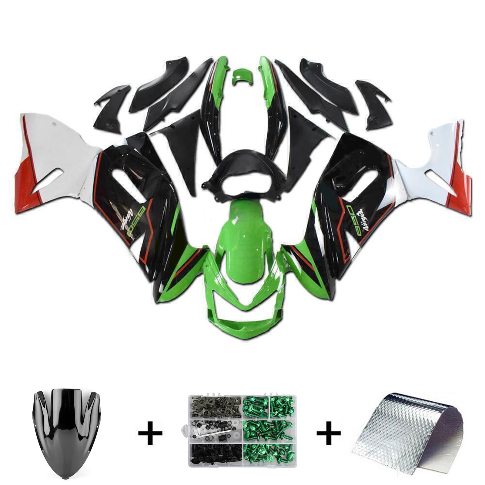 Amotopart 2006-2008 Kawasaki ER6F Ninja650 Black White & Green  Fairing Kit