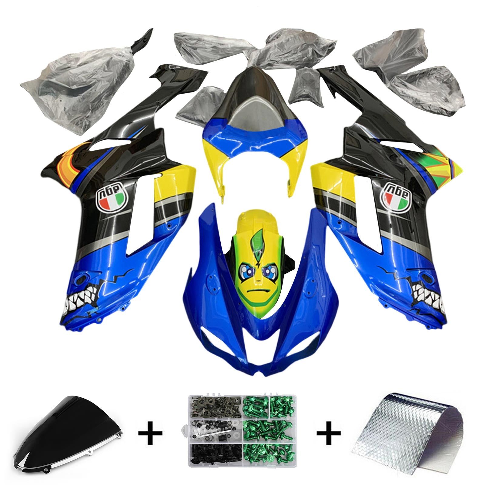 Amotopart 2007-2008 Kawasaki ZX6R 636 Kit de carenado azul y amarillo