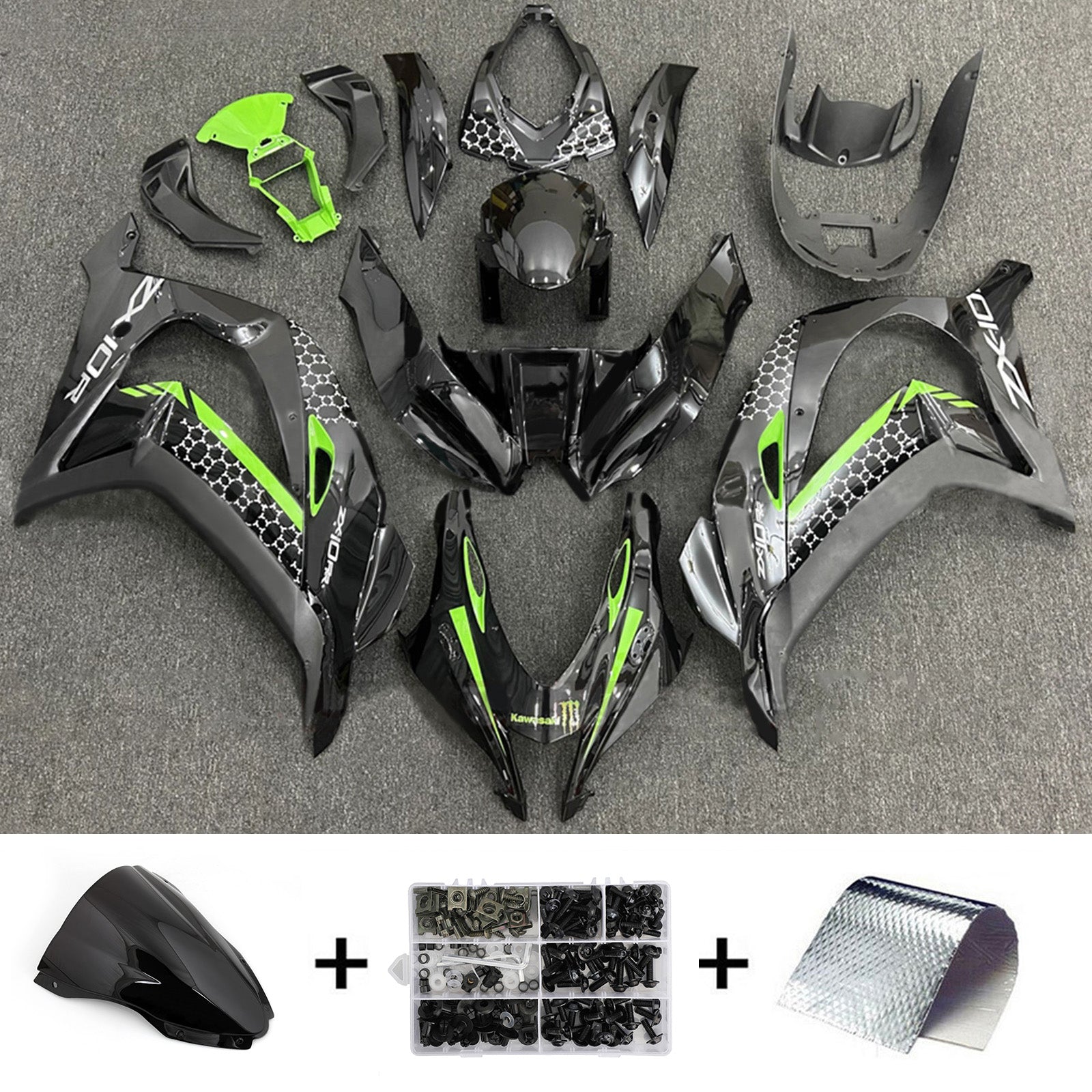 Amotopart 2016-2020 Kawasaki ZX10R Black Green Fairing Kit