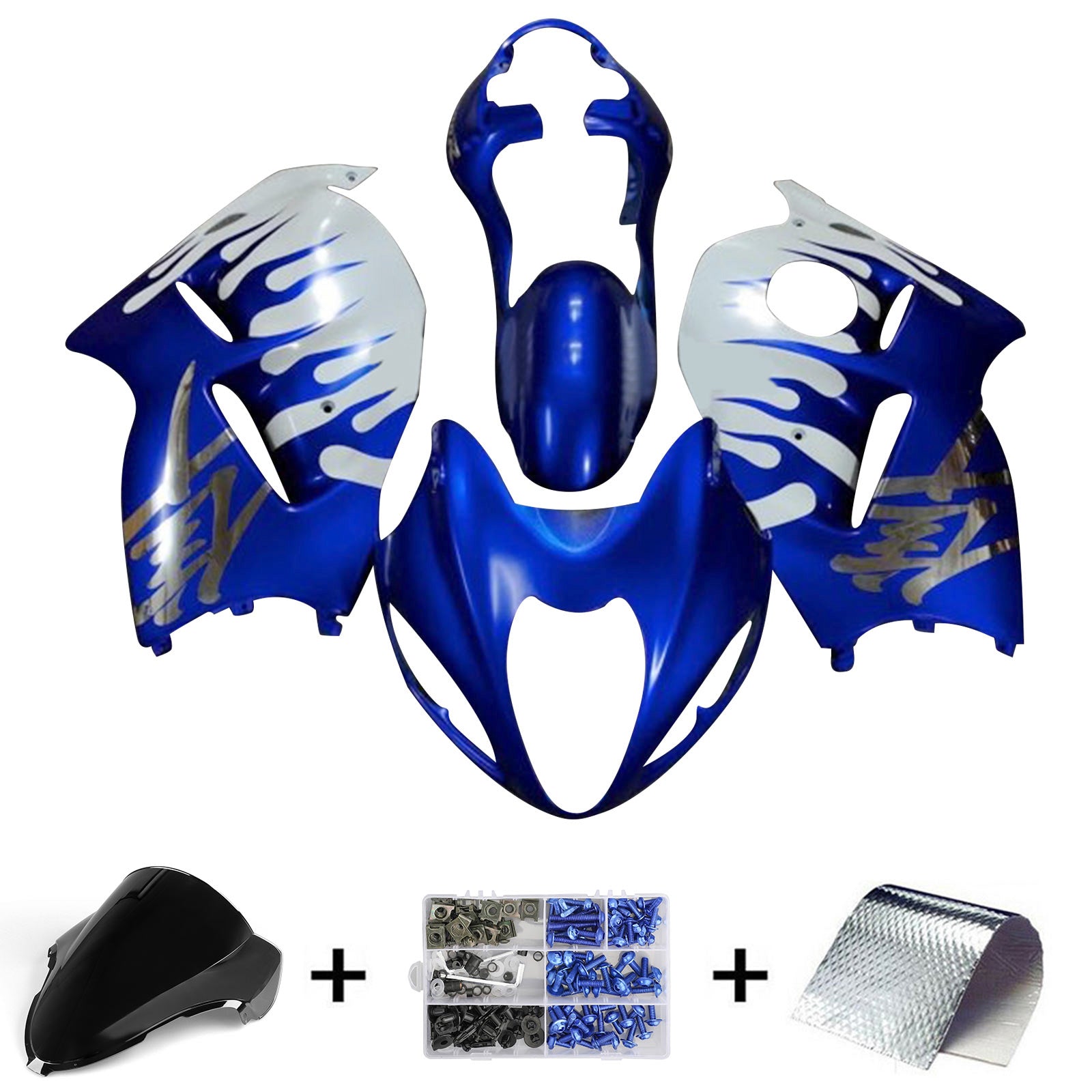 Amotopart 1999-2007 GSX1300R Hayabusa Suzuki White with Blue Flame Fairing Kit